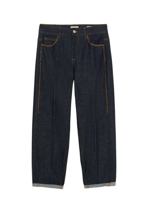 Donkerdenim jeans met een relaxte pasvorm, voorzien van oranje stiksels, een vijfzakkenontwerp en opgerolde manchetten aan de zoom.