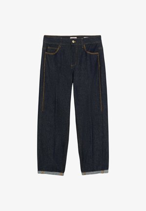 Dunkelblaue Jeans aus Denim mit lockerer Passform, featuring orangefarbenen Nähten, Fünf-Taschen-Design und aufgerollten Säumen.