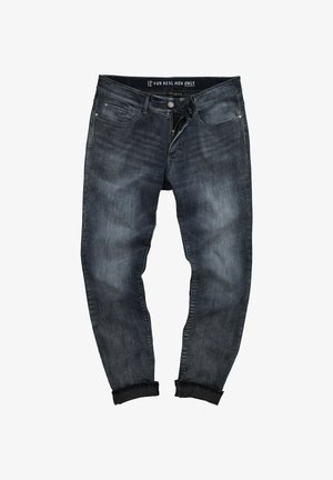 Vaqueros de mezclilla azul oscuro, con un corte relajado, cinco bolsillos y un dobladillo enrollado en el tobillo. Cierre de cremallera y botón.