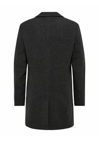 Donkergrijze wollen jas met een getailleerd ontwerp, voorzien van een reverskraag, lange mouwen en een rechte snit. Geen zichtbare sluitingen.