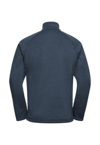 Pullover lungo blu scuro a maniche lunghe con colletto alto. Realizzato in tessuto morbido, presenta maniche raglan e una texture liscia. Senza loghi visibili.