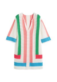 Tunika all'uncinetto con strisce alternate in verde, rosa, rosso e blu su fondo bianco. Scollatura a V e maniche corte.