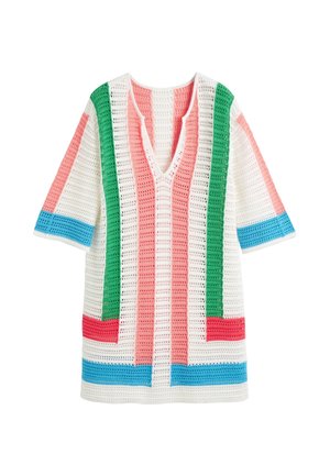 Tunika all'uncinetto con strisce alternate in verde, rosa, rosso e blu su fondo bianco. Scollatura a V e maniche corte.