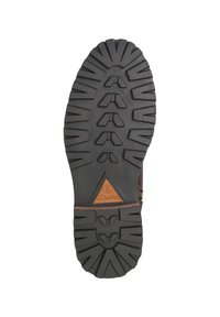 Černá gumová podrážka boty s hlubokými vzory dezénu, s hnědým koženým prvkem u paty a trojúhelníkovým logem na spodní straně.