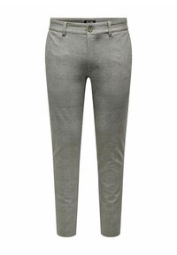 Pantaloni grigi su misura realizzati in tessuto intrecciato, dotati di un discreto motivo a quadri, vestibilità slim e chiusura con bottone e passanti per cintura.
