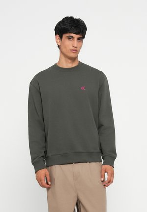 Grijze sweater met een ronde hals en geribbelde manchetten, met een klein roze logo op de borst. Zacht materiaal met een relaxte pasvorm.