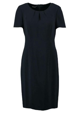 Granatowa sukienka z krótkim rękawem i okrągłym dekoltem, z zakładką z przodu i ukrytym tylnym zamkiem. Gładka faktura materiału.