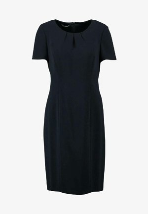 Robe bleu marine à manches courtes avec un col rond, présentant un détail plissé à l'avant et une fermeture éclair arrière dissimulée. Texture de tissu lisse.