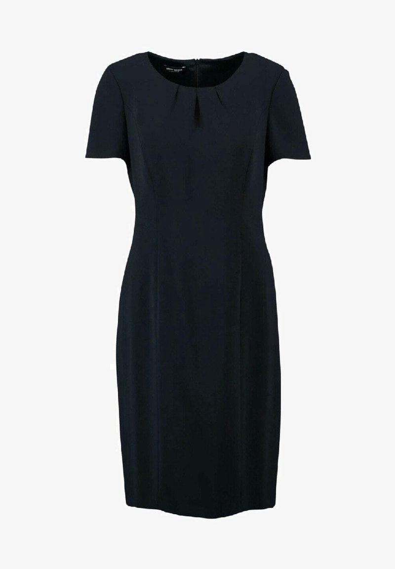 Robe bleu marine à manches courtes avec un col rond, présentant un détail plissé à l'avant et une fermeture éclair arrière dissimulée. Texture de tissu lisse.