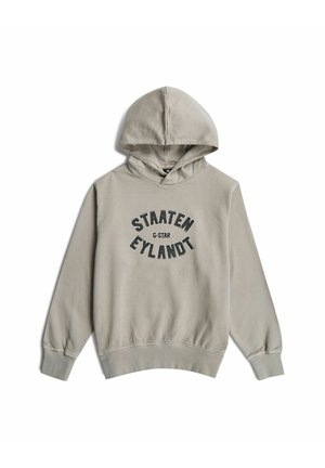 Hellgrauer Kapuzenpullover mit langen Ärmeln und schwarzem Text "STAATEN EYLANDT" und "G-STAR" vorne in der Mitte.