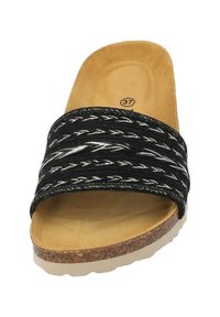 Sandalo nero con fascia intrecciata, caratterizzato da una soletta beige e suola in sughero texturizzato. Taglia 37 indicata sulla soletta.
