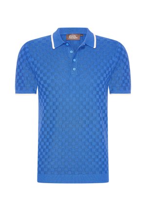 Sininen kuviollinen polo-paita lyhyillä hihoilla, jossa on ruudullinen rakenne, kaksi nappia sekä kontrastivalkoiset kaulus ja hihansuut.