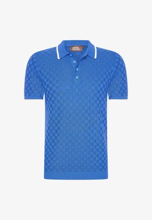 Sininen kuviollinen polo-paita lyhyillä hihoilla, jossa on ruudullinen rakenne, kaksi nappia sekä kontrastivalkoiset kaulus ja hihansuut.