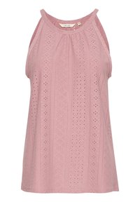 Blusa senza maniche in pizzo rosa con un colletto alto e intricati motivi geometrici a occhio in tutto il tessuto.