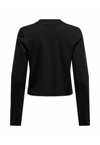 Giacca corta nera a maniche lunghe con piccolo colletto, vista da dietro.