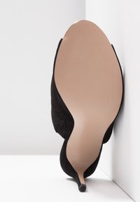 Chaussure à talon stiletto en daim noir reposant sur le côté, semelle face à la caméra sur un fond blanc d’angle.