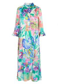 Florales Maxikleid aus leichtem Stoff mit einem kragenförmigen Ausschnitt, Knopfleiste, langen Ärmeln mit Rüschen und einem lebhaften mehrfarbigen Druck.