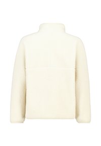 Pullover bianco in pile con collo alto, maniche lunghe e finitura testurizzata. Presenta una cucitura orizzontale sul retro e una vestibilità rilassata.