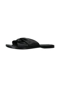 Zwarte leren slip-on sandaal met een geknoopt ontwerp aan de bovenkant, platte zool en een gladde textuur. Minimalistische stijl met een open teen ontwerp.
