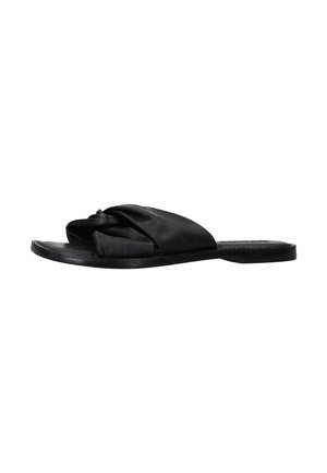Black leather slide sandal featuring a knotted upper design, flat sole, and smooth texture. Minimalist style with an open-toe design.