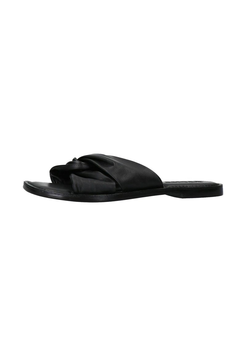 Zwarte leren slip-on sandaal met een geknoopt ontwerp aan de bovenkant, platte zool en een gladde textuur. Minimalistische stijl met een open teen ontwerp.