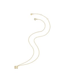 Zlato barvana ogrlica z nežno verigo, obeskom v obliki kuverta z majhnim diamantom in zapiranjem na sponko.
