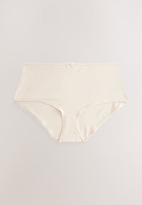 Beige women’s high-waisted cotton briefs with a small bow detail at the center front waistband on a plain background.