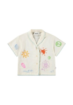 Camicetta panna a maniche corte con bottoni sul fronte, bordi azzurri e colorati disegni ricamati tra cui sole, cuore, simbolo della pace, fiore e onde.