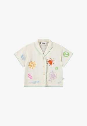Koszulka z krótkim rękawem w kremowym kolorze z guzikami z przodu, jasnoniebieskim wykończeniem i kolorowymi haftami, w tym słońcem, sercem, znakiem pokoju, kwiatem i falami.