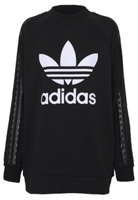 Svart sweatshirt i bomull med hög krage, ribbade ärmslut och sidodetaljer i snörning. Stort vitt Adidas-logga på framsidan.