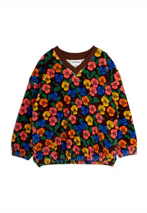 Børns langærmede pullover med elastiske manchetter og kant samt et flerfarvet blomsterprint på en mørkebrun baggrund.