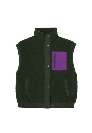 Veste sans manches en polaire verte avec col montant, boutons-pression, et poche zippée violette ; dotée d'une ceinture côtelée et de poches latérales.