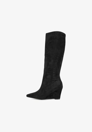 Black knee-high wedge boot with pointed toe and smooth suede finish, shown from side view on white background.