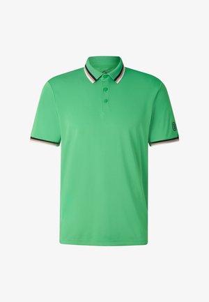 Zielona koszulka polo z krótkim rękawem i trzema guzikami, kołnierzykiem oraz mankietami na rękawach z białymi, czarnymi i beżowymi paskami, z małym logo na lewym rękawie.