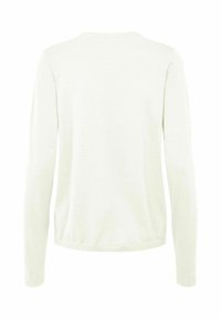 Jasnobeżowy sweter z długim rękawem, wykonany z miękkiej dzianiny. Posiada okrągły dekolt, prążkowane mankiety i luźny krój bez widocznych wzorów.
