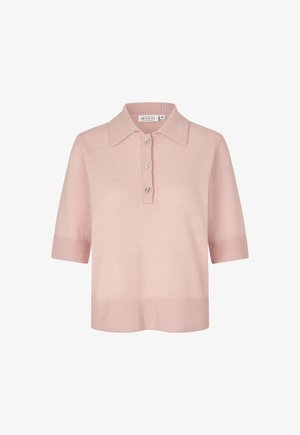 Weiches rosa Kurzarm-Pullover mit Kragen, drei beigen Knöpfen, gerippten Bündchen und Saum, Größenkennzeichnung Medium von Masai.