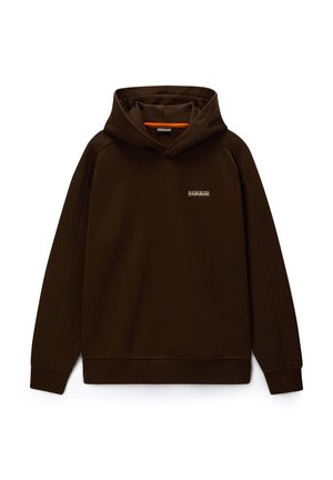 Dark brown pullover hoodie with long sleeves and a small rectangular logo on the left chest area.