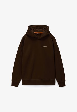 Mørkebrun pullover-hoodie med lange ærmer og et lille rektangulært logo på venstre brystområde.