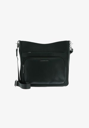 Sac en bandoulière en cuir noir avec poche zippée avant, sangle ajustable et détails en métal argenté sur fond blanc.