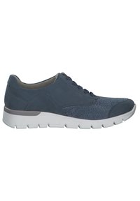 Blue sneaker featuring a mix of smooth and textured materials, a lace-up design, and a white rubber sole with a textured tread pattern.