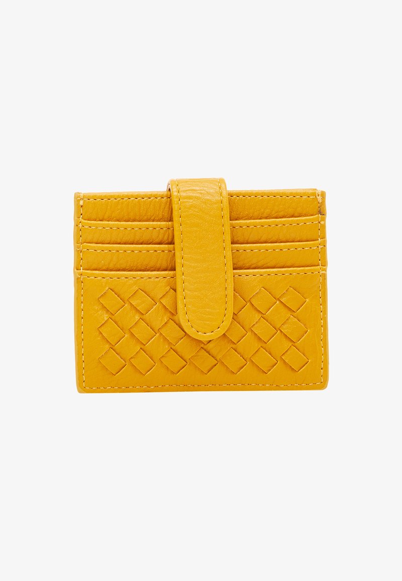 Yellow leather cardholder with woven texture, six card slots, and a flap closure. Stitched edges enhance durability.