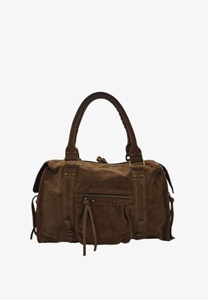 Sac à main en daim marron avec deux poignées supérieures, poche zippée à l'avant, quincaillerie dorée et liens latéraux pour une forme ajustable. Texture douce avec des accents lisses.