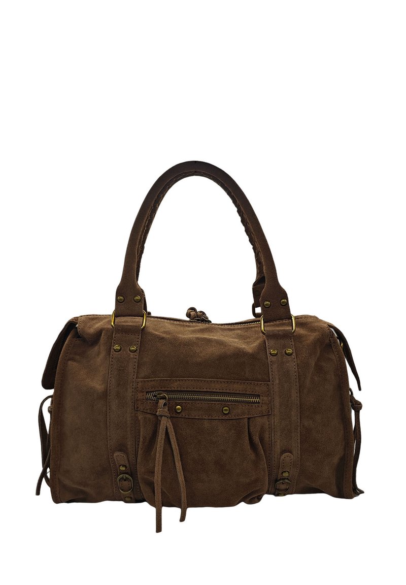 Sac à main en daim marron avec deux poignées supérieures, poche zippée à l'avant, quincaillerie dorée et liens latéraux pour une forme ajustable. Texture douce avec des accents lisses.