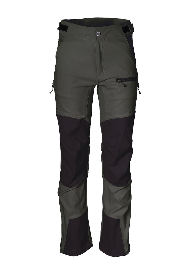 Taktiske bukser i grøn og sort, med en lynlåslomme, forstærkede knæområder og justerbar talje med velcro-stropper. Holdbart stof.