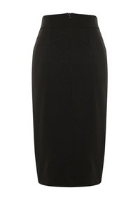 Jupe crayon noire taille haute avec fermeture éclair au dos et silhouette ajustée.