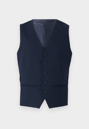 Colete azul marinho com gola em V, fecho de seis botões e dois bolsos frontais. Feito de tecido texturizado, com forro interior liso.