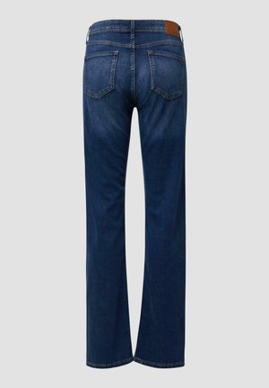 Jeans di denim blu scuro a gamba larga con vita alta, dotati di due tasche posteriori e un'etichetta in pelle marrone sulla cintura.