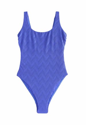 One-piece swimsuit in textured purple fabric featuring a chevron pattern, wide shoulder straps, and medium rear coverage.