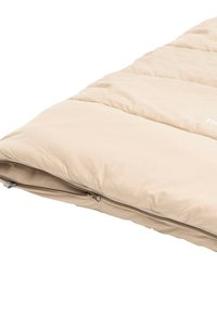 Beige slaapzak met een gewatteerd ontwerp, een gladde textuur en een rits langs de rand voor gemakkelijke toegang en opslag.