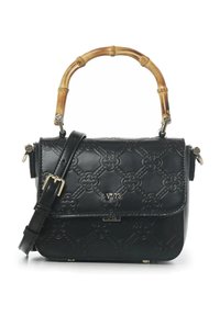 Borsa a tracolla in pelle nera con motivo floreale in rilievo, manico in bambù e tracolla removibile. Dettagli in metallo argentato e logo.